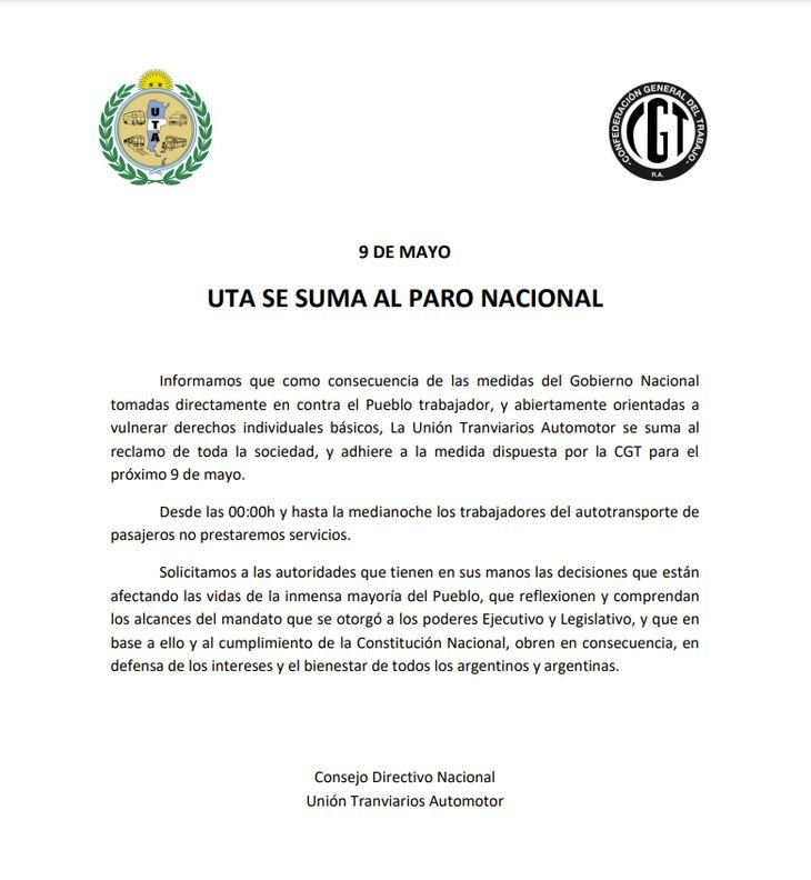 La UTA adhiere al paro nacional de la CGT y no habrá transporte el 9 de mayo